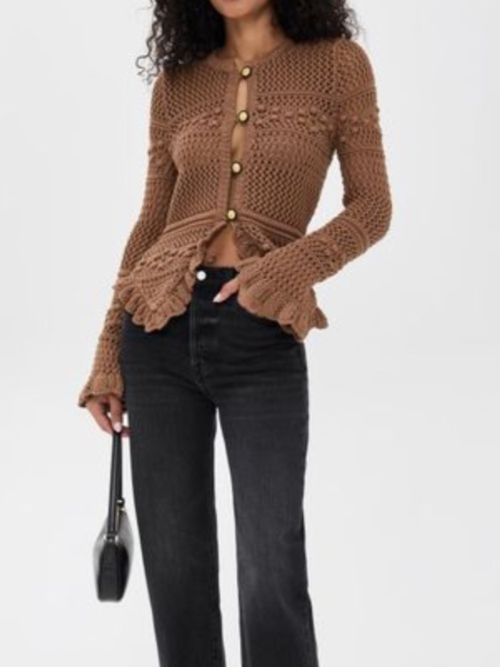 Lagence Brown Kiva Open Stitch Ruffle Cardigan NWT - Picture 4 of 11